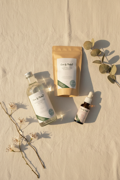 Care by Nature naturligt rengøringskit med eddike, natriumbikarbonat og vaskeduft på lys baggrund