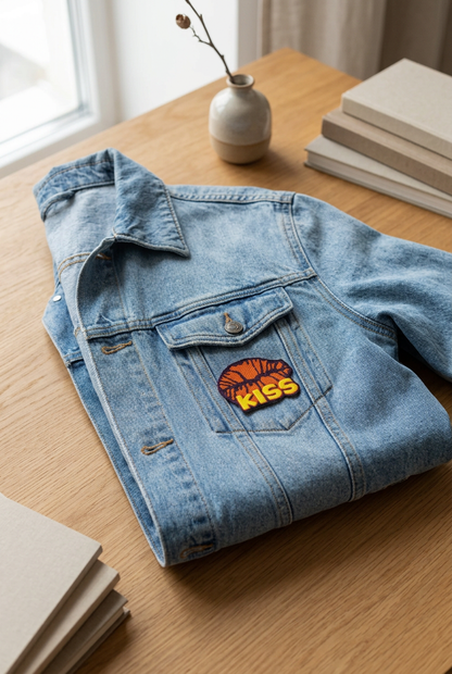 Patched strygemærke med orange læber og teksten KISS placeret på brystlommen af en denimjakke