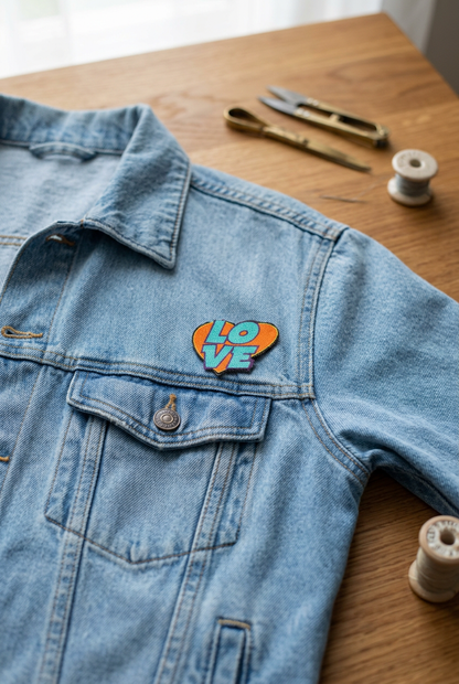 Patched strygemærke formet som et orange hjerte med turkise bogstaver og teksten LOVE placeret på en denimjakke