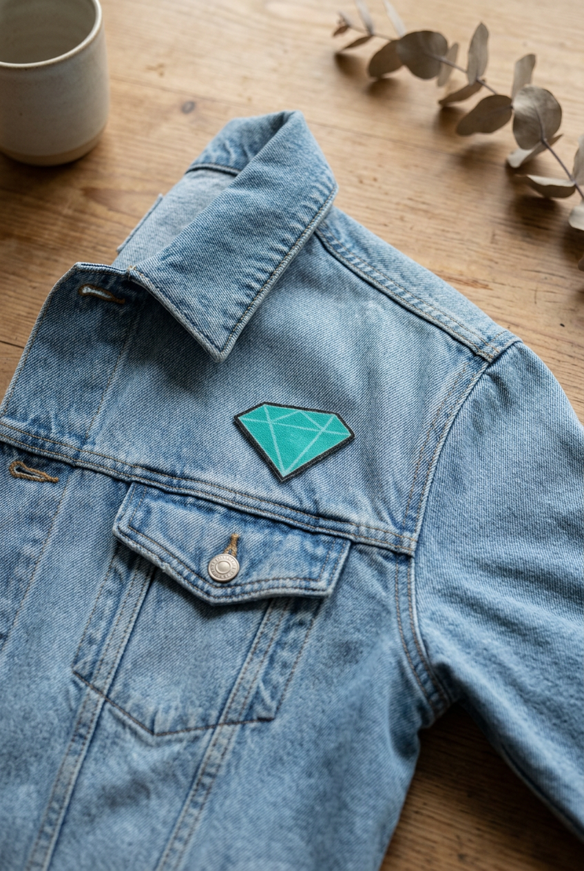 Grønt Patched diamant-strygemærke med mørke konturer placeret oven over brystlommen på en denimjakke