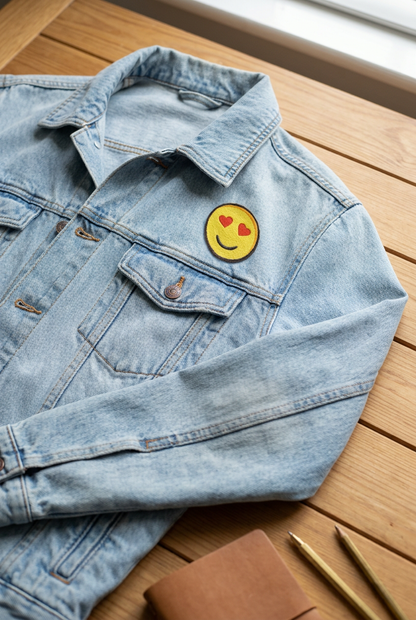 Inspirationsbillede af Patched-smiley på en denimjakke
