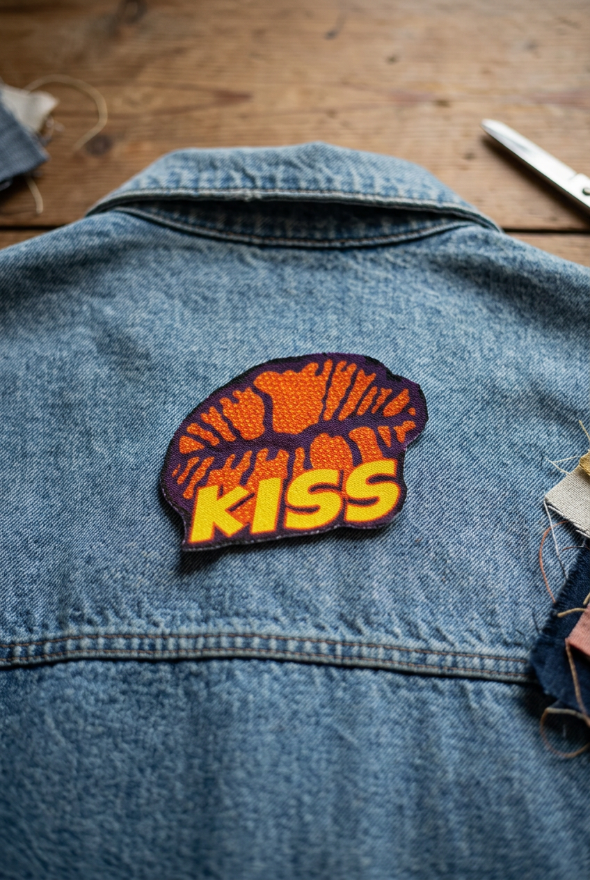 KISS strygemærke med læbemotiv placeret på ryggen af en vintage denimjakke