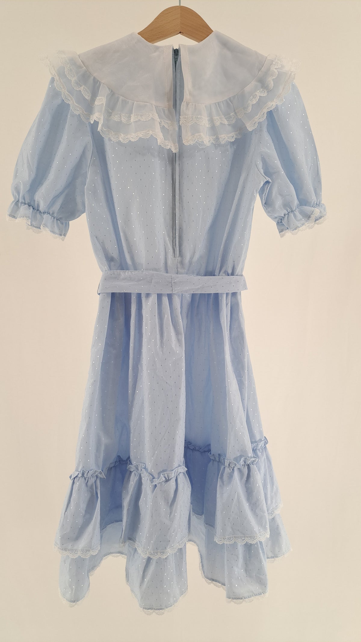 VINTAGE • DRESS • LIGHT BLUE SILVER DOTS • SIZE 140