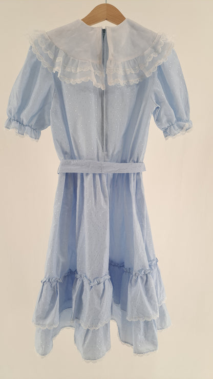 VINTAGE • DRESS • LIGHT BLUE SILVER DOTS • SIZE 140
