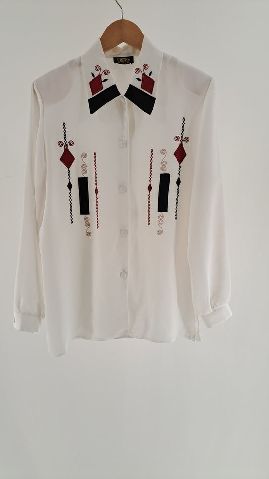 VINTAGE • SHIRT BLOUSE • WHITE GRAPHIC RED/BLACK • SIZE L