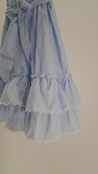 VINTAGE • DRESS • LIGHT BLUE SILVER DOTS • SIZE 140
