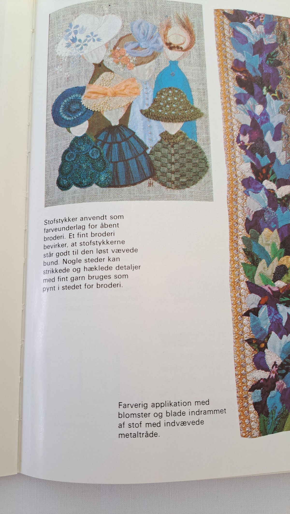 Opslag i vintage sybog med farverige mønstre og eksempler på patchwork og applikationer