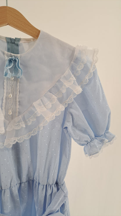 VINTAGE • DRESS • LIGHT BLUE SILVER DOTS • SIZE 140