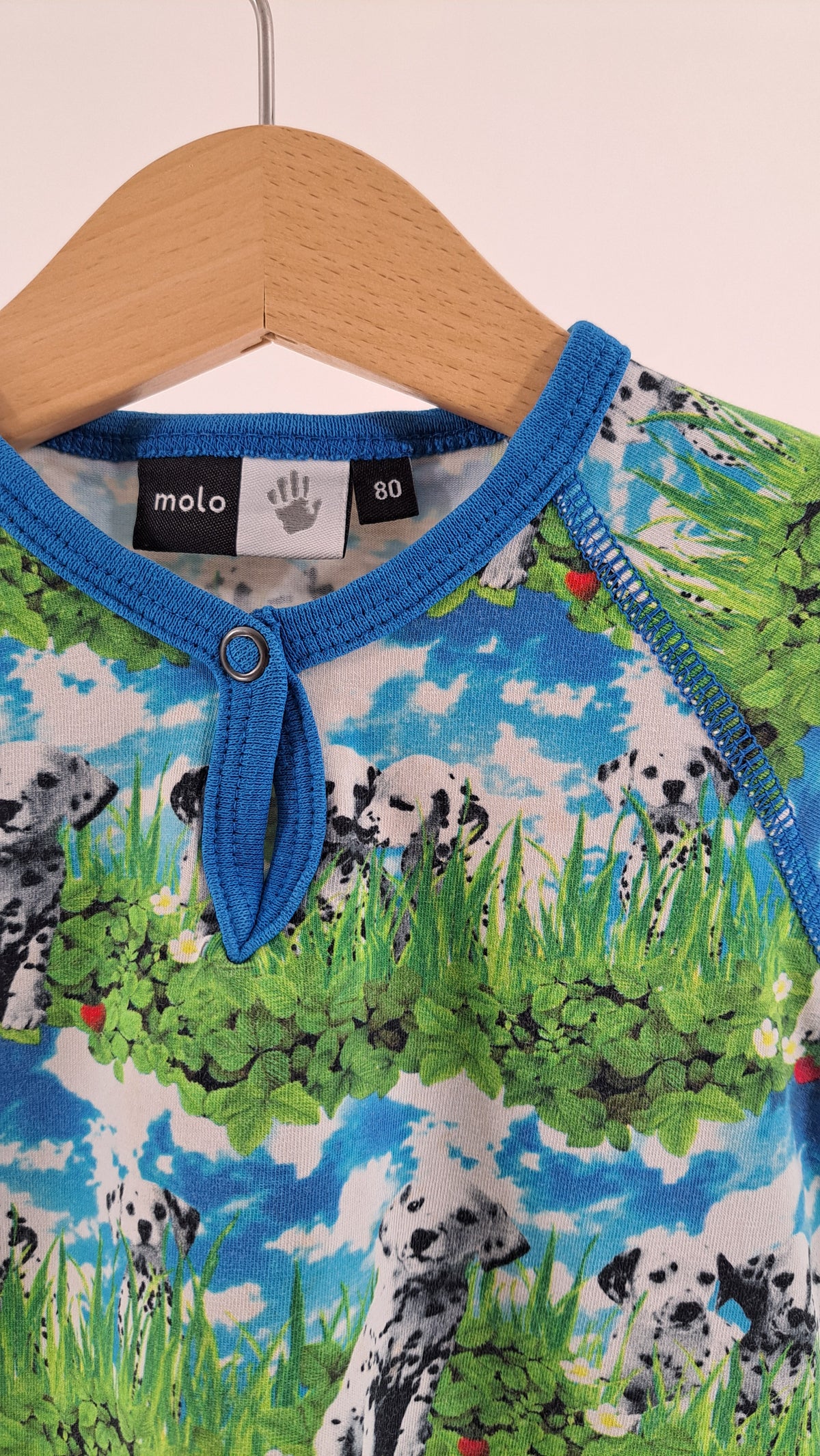 Nærbillede af halsudskæring, blå kant og Molo brandlabel på dalmatinerkjole