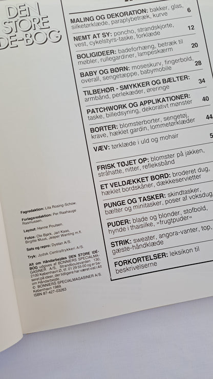Indholdsfortegnelse i Den store idé-bog med kapitler om syning, strik, hækling, vævning og patchwork