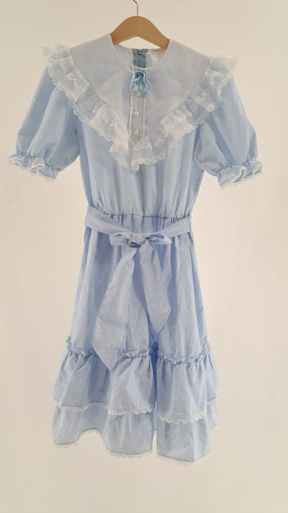 VINTAGE • DRESS • LIGHT BLUE SILVER DOTS • SIZE 140