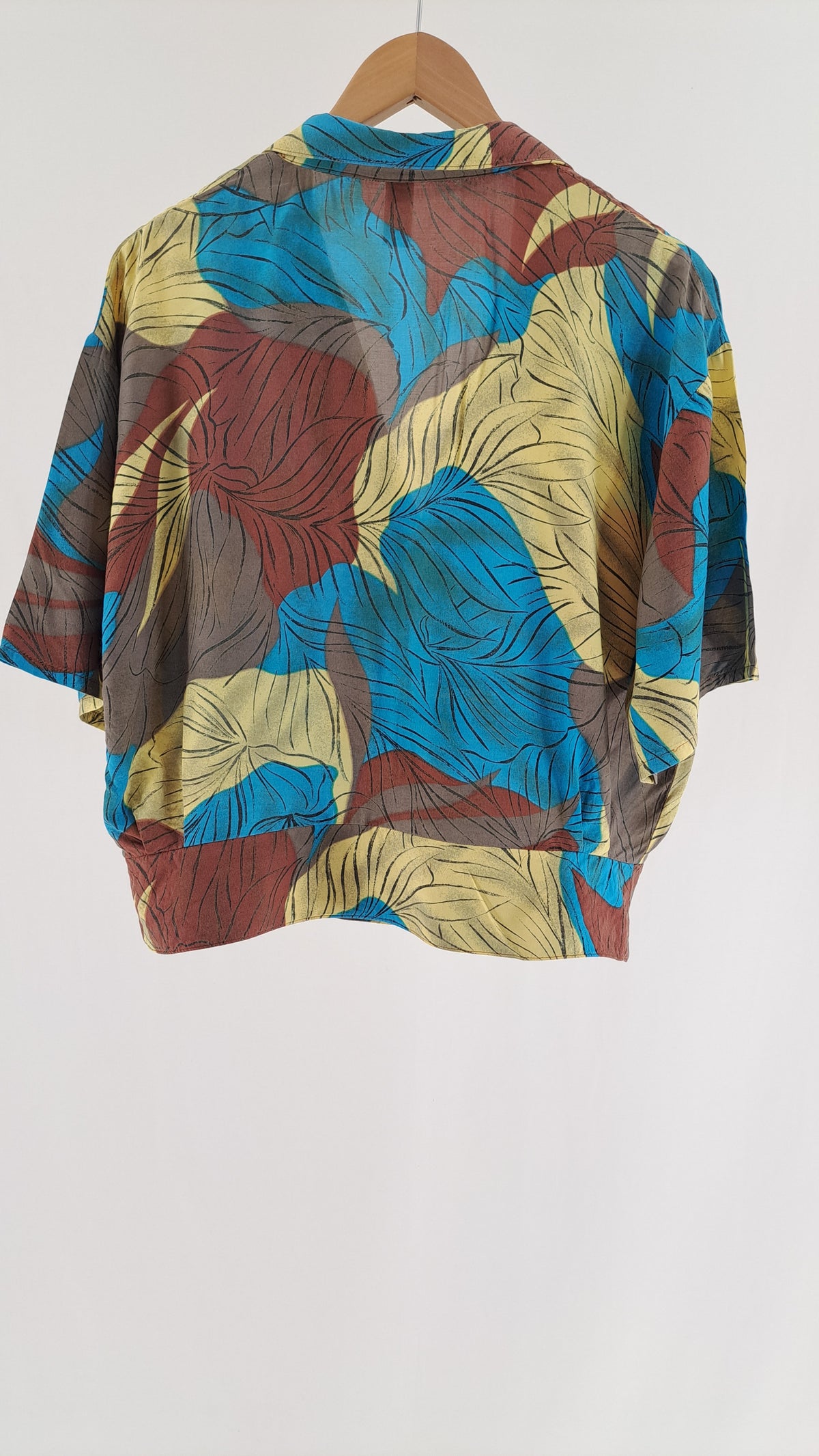 VINTAGE • SHIRT • TURQUOISE/BROWN TROPICAL LEAF PRINT • SIZE M/L