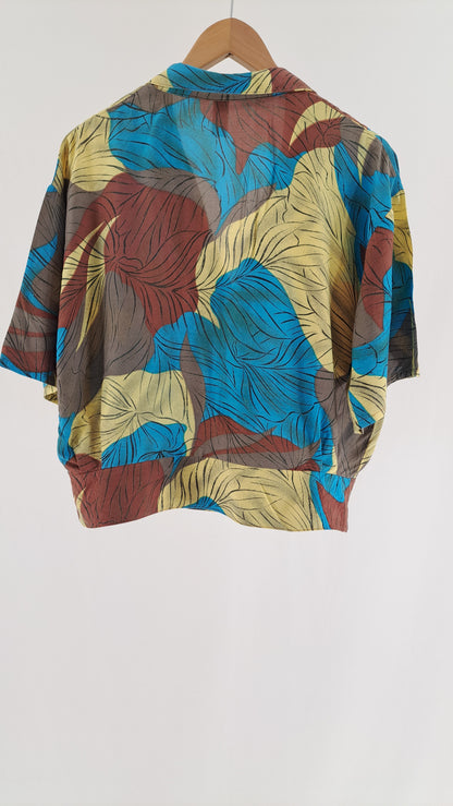 VINTAGE • SHIRT • TURQUOISE/BROWN TROPICAL LEAF PRINT • SIZE M/L